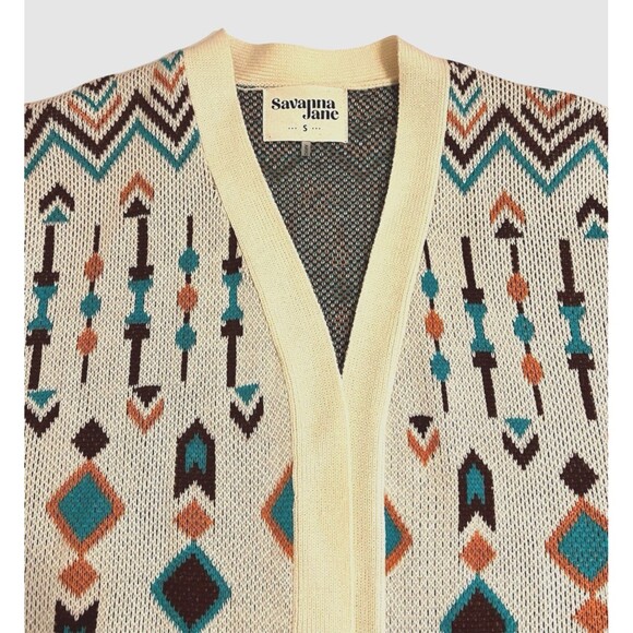 SAVANNA JANE Let's Get It Cream Open Front Knit Aztec Cardigan Sweater Boho S - Picture 4 of 10